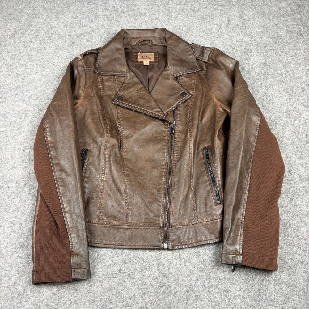 ANA Moto Jacket‎ Womens Medium Brown Faux Leather Ribbed Knit Preppy Trim